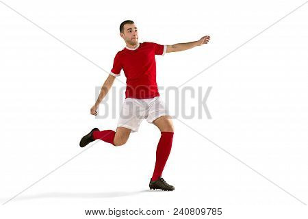 Professional Football Soccer Player In Motion Isolated White Studio Background. Fit Caucasian Man In