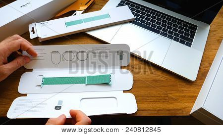 Paris, France - Apr 24, 2018: New Apple Watch Series 3 Smartwatch Change Strap To The New 42mm Marin