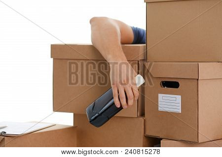 Hand Specialist Courier Delivery Service Holding Botle In Hand Background Of Boxes Carried Out Deliv