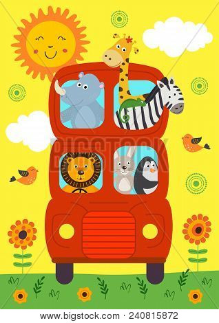 Funny London Bus With Animals View Front - Vector Illustration, Eps