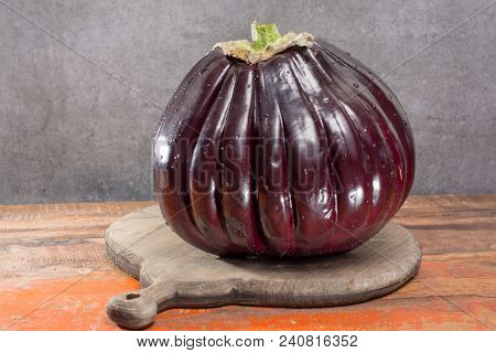 Israeli Huge Baladi Big Ripe Whole Raw Violet Eggplant On Table