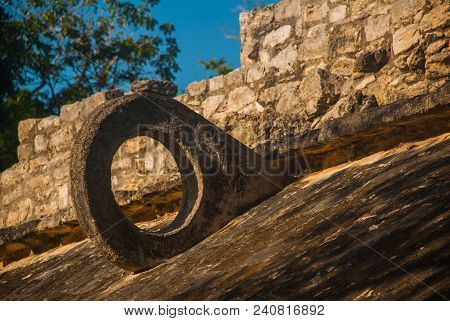 Coba, Mexico. On The Walls There Are Stone Rings, In Which The Mayan Athletes Threw The Ball With Th