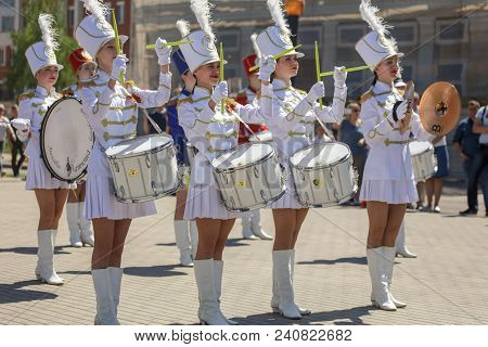 Lipetsk, Russia - May 9, 2018: Girls In Military Uniforms Playing Drums In Honor Of Victory In 1945 