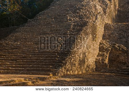 Coba, Mexico, Yucatan: Mayan Nohoch Mul Pyramid In Coba. Upstairs Are 120 Narrow And Steep Steps. Cl
