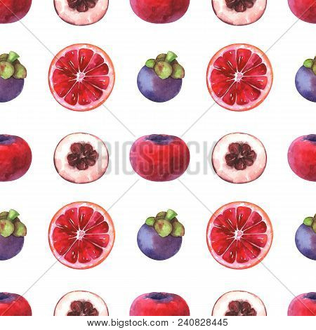 Hand Painted Minimalist Seamless Fruits Pattern With Watercolor Blood Orange, Mangosteen And Velvet 