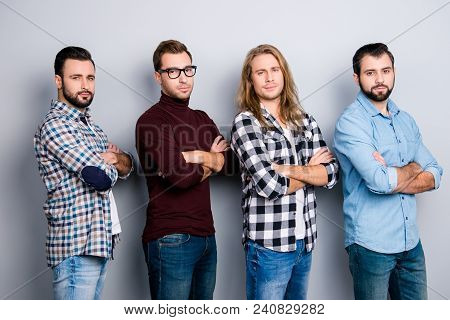 Community University Glasses Work Colleagues Authority Concept. Half-turned Four Virile Guys Standin