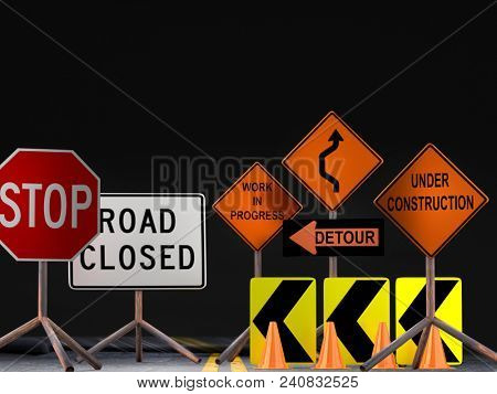 3D render of set of various American road construction signs against black background