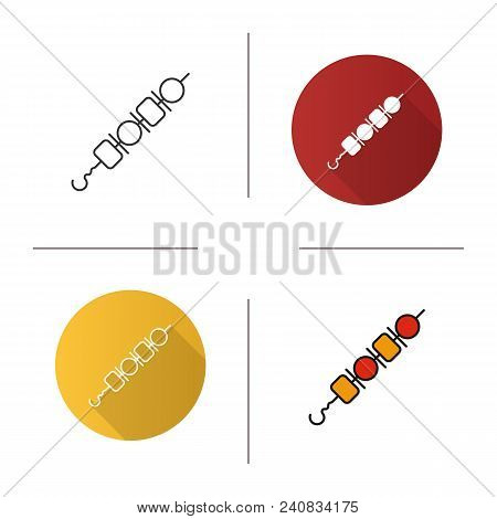 Shish Kebab Icon. Flat Design, Linear And Color Styles. Shashlik. Pork And Vegetable Brochettes. Iso