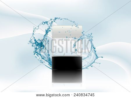 Advertising Magazine Page, Splash Of Water.realistic Transparent Flacon With Black Lid For Cosmetic 