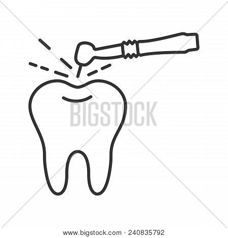 Tooth Drilling Process Linear Icon. Dentistry. Thin Line Illustration. Dental Handpiece. Contour Sym