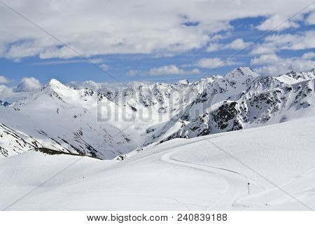 Livigno In Winter, Winter Landscape, Snow-covered Italian Peaks.