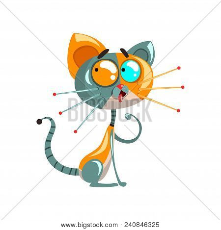 Cute Funny Robotic Cat Sitting On The Floor, Artificial Intelligence Concept Vector Illustrations Is