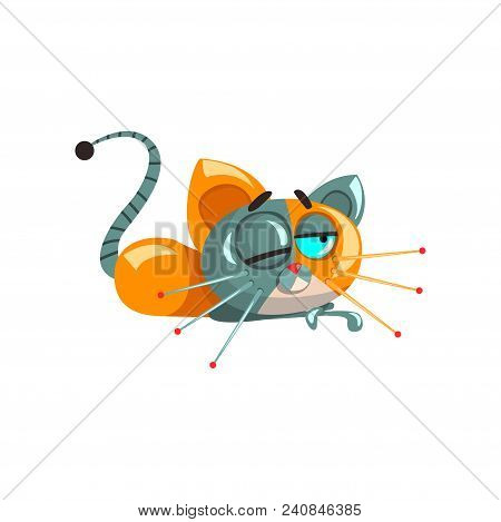 Cute Funny Robotic Cat Lying On The Floor, Artificial Intelligence Concept Vector Illustrations Isol