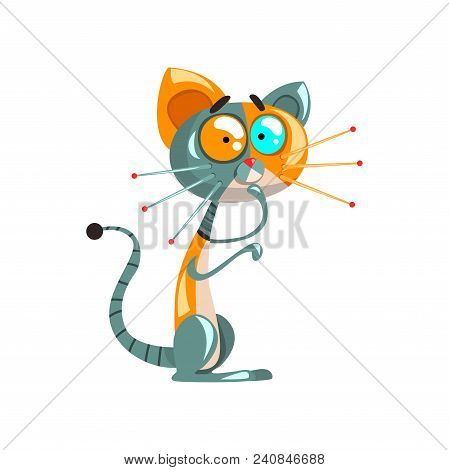 Cute Thoughtful Robotic Cat, Artificial Intelligence Concept Vector Illustrations Isolated On A Whit