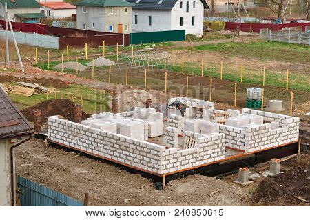 Cement-filled Foundation Of A Private House, The Foundation Of The House Under Construction, Fresh C
