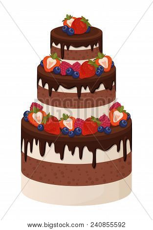 Three-tier Cake With Chocolate And Cream Layers Decorated With Ripe Sweet Strawberries Isolated Cart