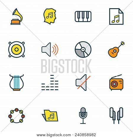 Audio Icons Colored Line Set With Radio, Timbrel, Folder And Other Loudspeakers Elements. Isolated  