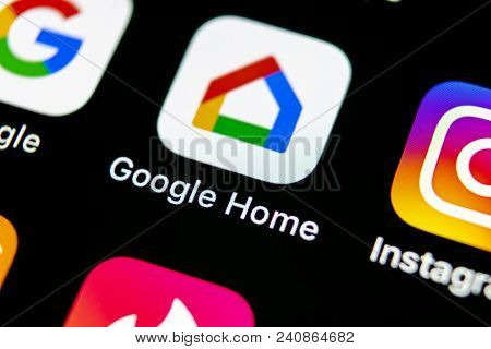Sankt-petersburg, Russia, May 10, 2018: Google Home Application Icon On Apple Iphone X Smartphone Sc