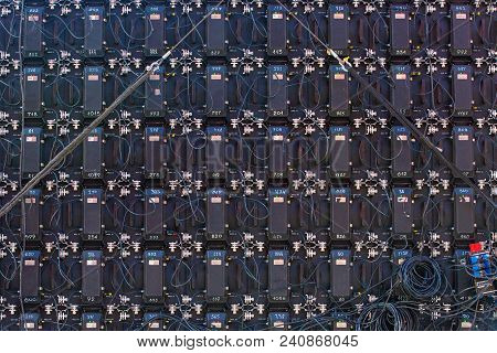 Big Screen Monitor Display Led Panels, Backside Rear View With Black Blue Cable Connector With Many 