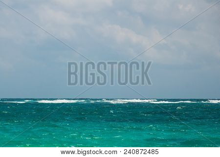 Caribbean Sea In Cloudy Weather. Tulum, Riviera Maya, Yucatan. Beautiful Landscape In Mexico.