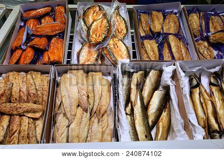 Smoked Fish Fillets At Billingsgate Fish Market In Poplar, London, Uk.