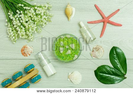 Bottles With Cream For Face Skin And Aromatic Oil, Hand Massager, Bowl With Sea Salt, Starfish, Sea 