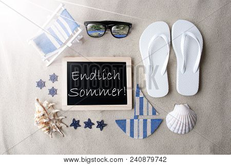 Flat Lay Of Chalkboard On Sandy Background. Sunny Summer Decoration As Holiday Greeting Card. Sand A