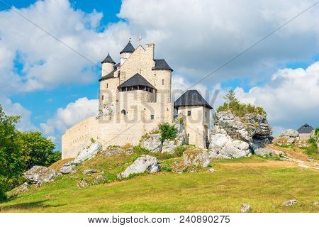 Bobolice, Poland - August 13, 2017: White Stone Medieval Castle Of Bobolice
