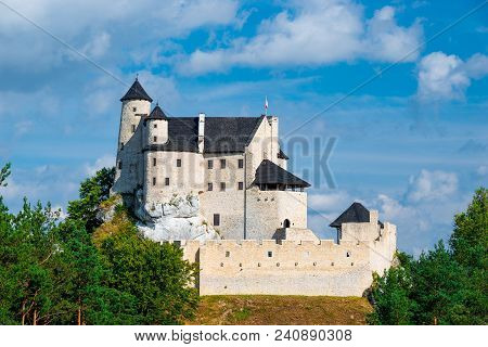 Bobolice, Poland - August 13, 2017: White Stone Medieval Castle Of Bobolice