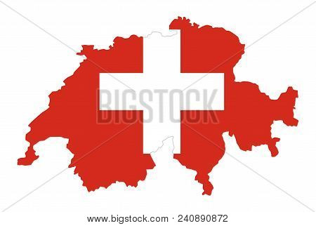 Flag Of Switzerland In Country Silhouette. Landmass And Borders As Outline, Within The Banner Of The