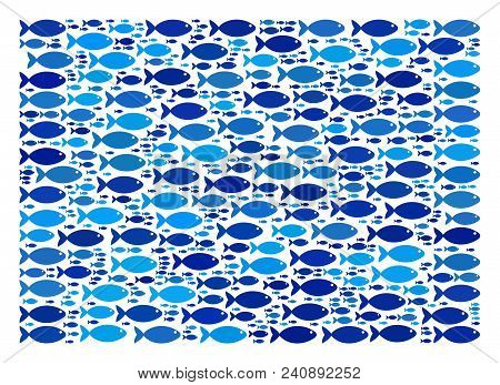 Fish Filled Rectange Mosaic In Blue Color Hues. Vector Fish Items Are Formed Into Filled Rectange Mo