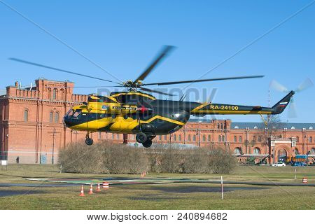 Saint Petersburg, Russia - April 07, 2018: The Helicopter Mi-8tv (ra-24100) Of Alliance Avia Aon Tak