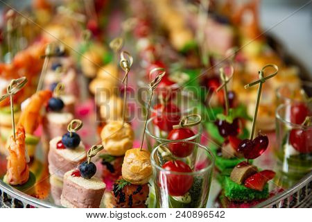 Light Snacks, Canap S With Lard, Cheese, Meat, Sauce, Cherry Tomatoes. Snacks For Parties Or Recepti