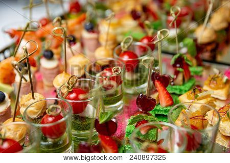 Light Snacks, Canap S With Lard, Cheese, Meat, Sauce, Cherry Tomatoes. Snacks For Parties Or Recepti