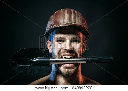 Construction Worker Concept - Professional Builder, Repairman, Engineer, Miner In Protective Helmet 