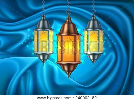 Vector Ramadan Kareem Celebration Lamp Lantern On Blue Silk Drape Curtain, Realistic 3d Illustration