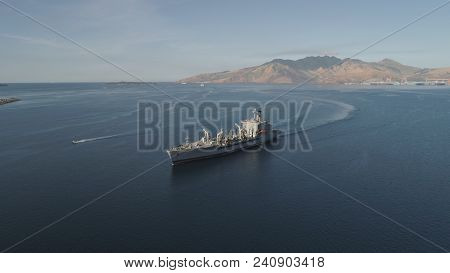 Aerial View: Cargo, Reefer Ship In The Sea Bay. Subic Bay, Philippines, Luzon. Cargo Ship In The Har