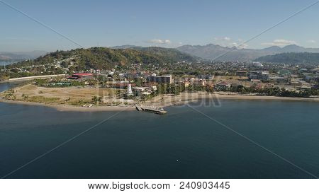 Coastline With Beach And Lighthouse, Mountains. Aerial View: Coast Sea With Hotels, Resorts, Subic B