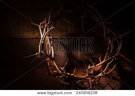 An Authentic Crown Of Thorns On A Wooden Background. Easter Theme