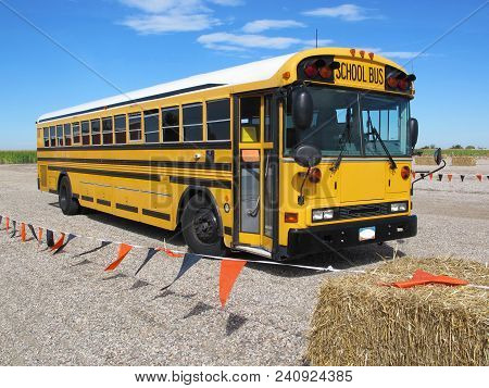 Parked School Bus Transported Students Safely On A Field Trip