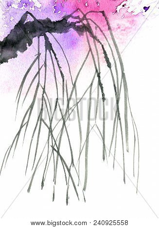 Watercolor And Ink Illustration Of Tree Branch With Watersplashes. Oriental Traditional Painting In 