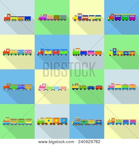 Train Toy Children Icons Set. Flat Illustration Of 16 Train Toy Children Vector Icons For Web