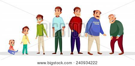 Vector Cartoon Male Character Growth And Aging Process. Happy People - Toddler Baby Kid, Teenager In