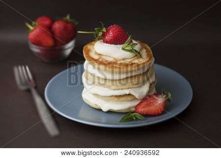 Dessert Pancakes With Cream And Strawbery. Health Breakfast Fruit Berry Vitamine