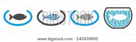 Fish Round Tank Vector Illustration Set With Collage Elements Filled By Fish Icons In Blue And Gray 