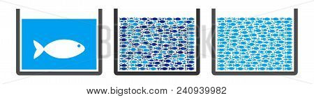 Fish Tank Vector Illustration Set With Collage Elements Filled By Fish Icons In Blue And Gray Colors