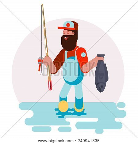 Man Standing In Water With Fish In His Hands. Vector Illustration, Eps 10