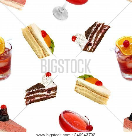 Seamless Pattern. Cakes And Cocktails On A White Background.