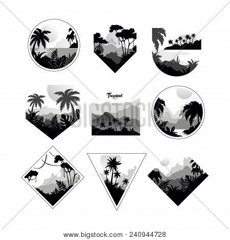 Collection Of Monochrome Geometric Tropical Logo, Badges With Tropical Trees, Retro Style Design For