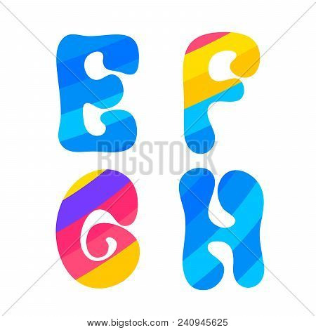 Psychedelic Font With Colorful Pattern. Vintage Hippie E F G H Latin Letters On White Background